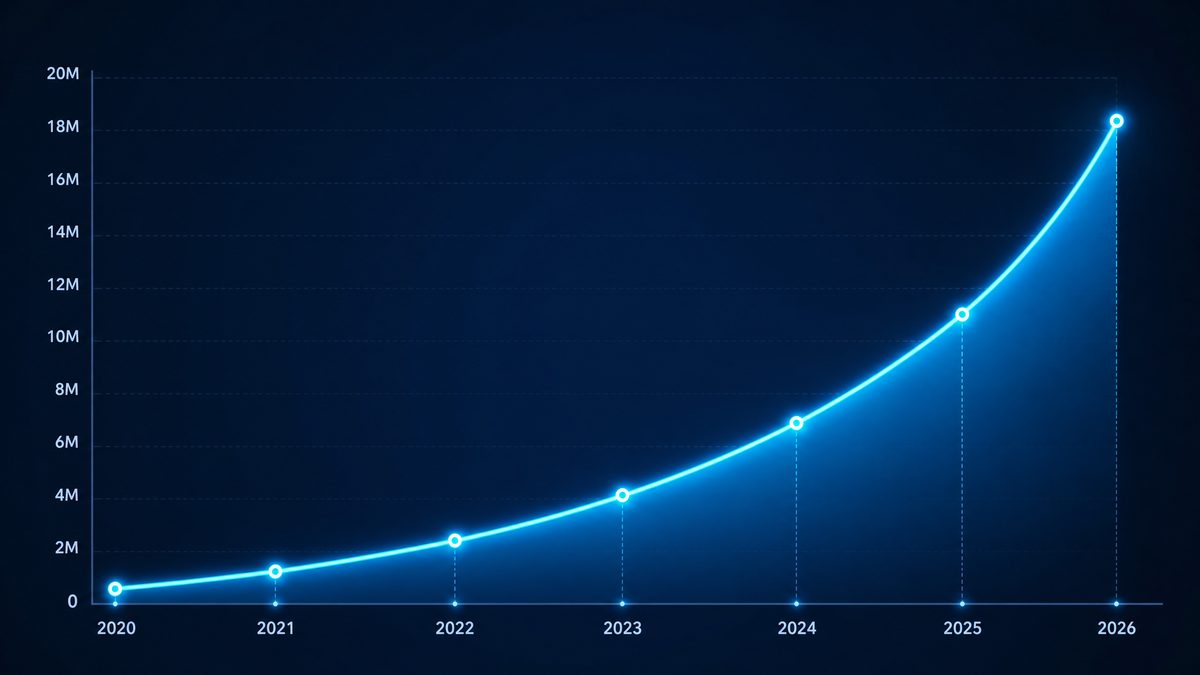 爱妻艺用户增长数据图表,展示2020-2026年注册用户从50万增长至1800万的趋势